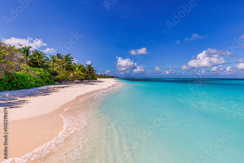 Fototapeta Naklejka Na Ścianę i Meble -  Beautiful tropical beach relaxing sky at exotic island with palm trees calm waves and amazing blue ocean lagoon. Paradise nature destination, idyllic outdoor scene for summer travel vacation, inspire