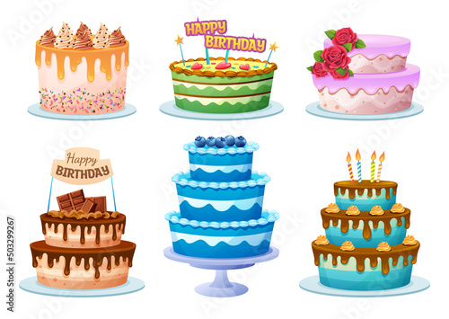 Set of various birthday cakes in cartoon style