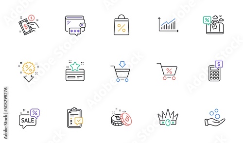 Crown, Online market and Discounts bubble line icons for website, printing. Collection of Discount, Graph, Travel loan icons. Donation money, Loyalty card, Bitcoin web elements. Wallet. Vector