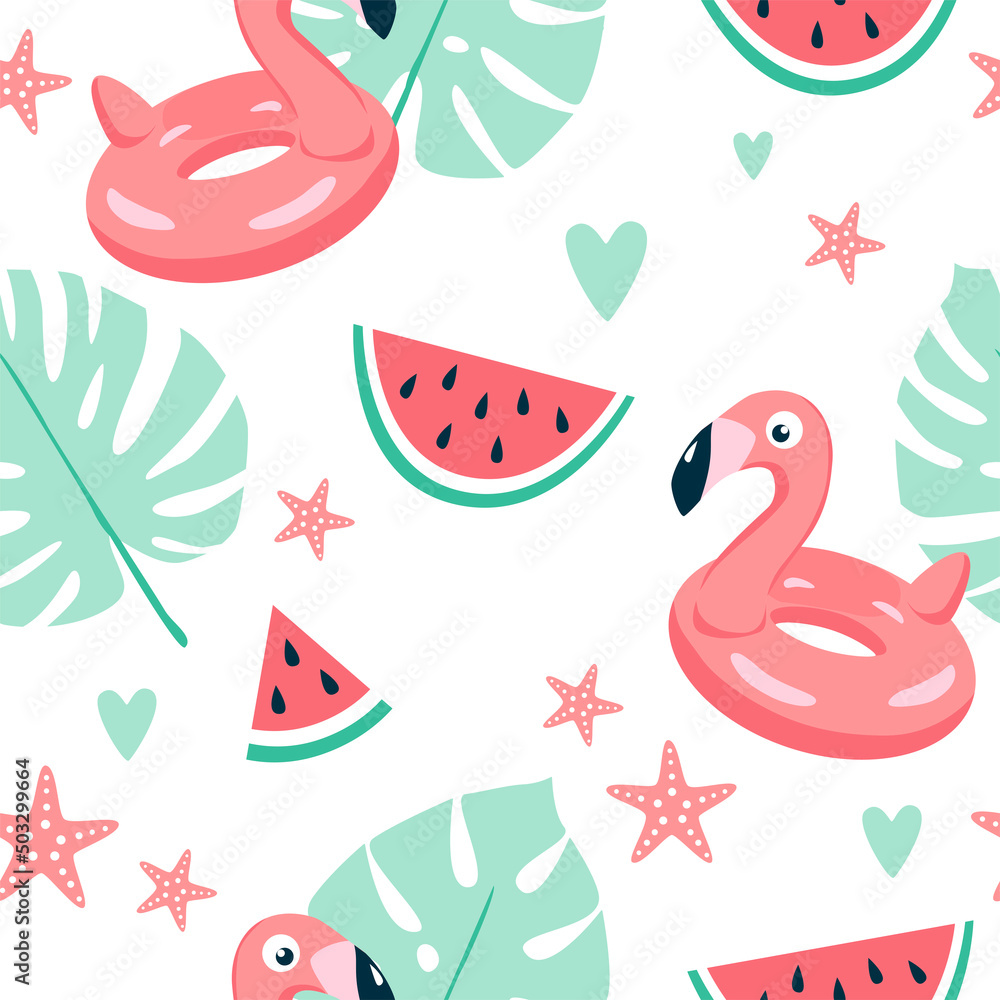 Obraz premium Summer pattern. Vector seamless pattern with summer symbols, such as flamingo, tropical leaves, watermelon, and starfish. Isolated on white.