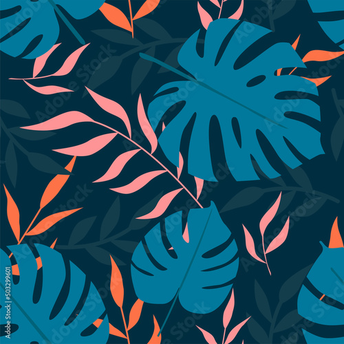 Vector seamless pattern with tropical leaves.