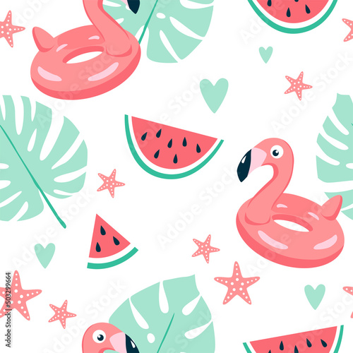 Summer pattern. Vector seamless pattern with summer symbols, such as flamingo, tropical leaves, watermelon, and starfish. Isolated on white.