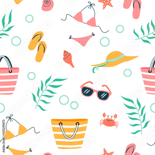 Summer pattern. Vector seamless pattern with summer symbols. Isolated on white.