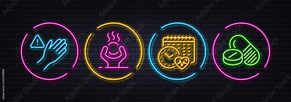 Difficult stress, Dont touch and Cardio calendar minimal line icons. Neon laser 3d lights. Medical drugs icons. For web, application, printing. Mind anxiety, Clean hand, Fitness time. Vector