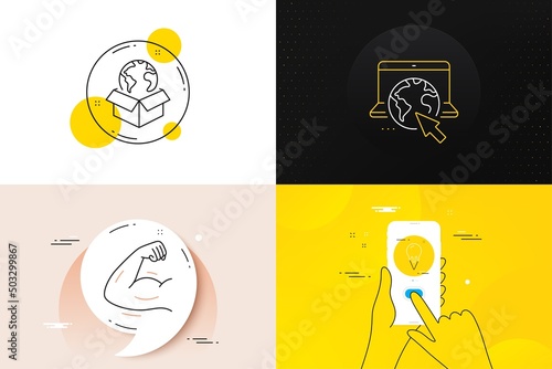 Minimal set of Strong arm, Internet and Delivery service line icons. Phone screen, Quote banners. Ice cream icons. For web development. Muscle biceps, Online webpage, International parcel. Vector