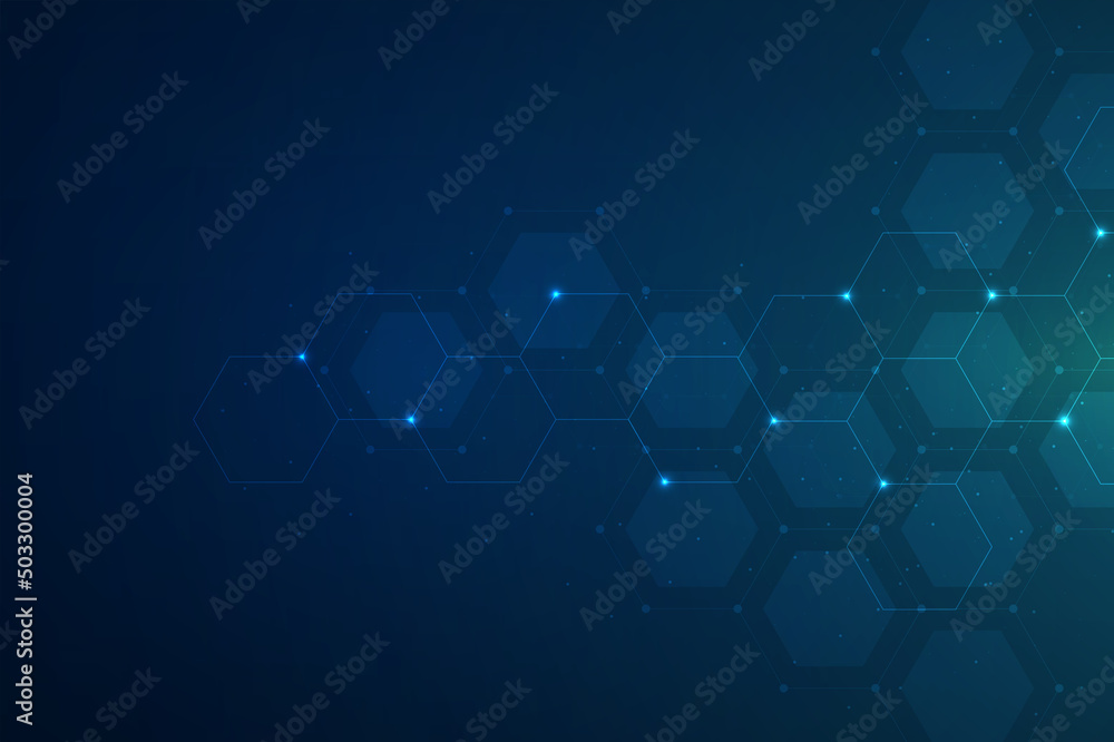 Hexagons pattern on blue background. Genetic research, molecular structure. Chemical engineering. Concept of innovation technology. Used for design healthcare, science and medicine background - obrazy, fototapety, plakaty 