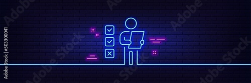 Neon light glow effect. Voting ballot paper line icon. Vote checklist sign. Public election symbol. 3d line neon glow icon. Brick wall banner. Voting ballot outline. Vector