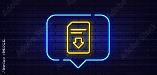 Neon light speech bubble. Download Document line icon. Information File sign. Paper page concept symbol. Neon light background. Download file glow line. Brick wall banner. Vector