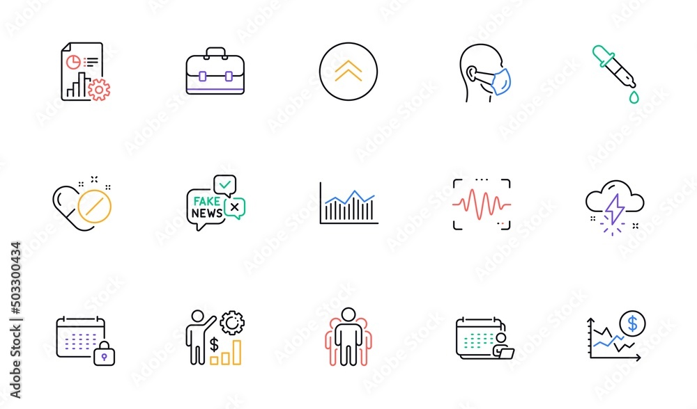 Employees wealth, Medical pills and Fake news line icons for website, printing. Collection of Report, Accounting, Voice wave icons. Swipe up, Portfolio, Medical mask web elements. Vector