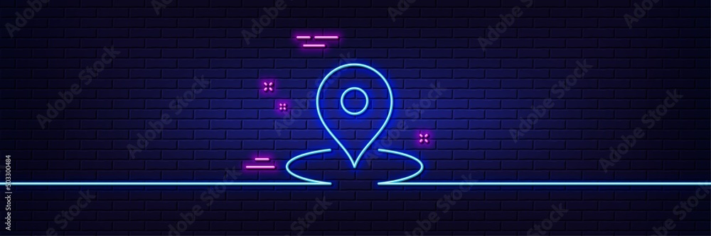 Fototapeta premium Neon light glow effect. Map pin line icon. Trip point sign. Journey location pointer symbol. 3d line neon glow icon. Brick wall banner. Pin outline. Vector