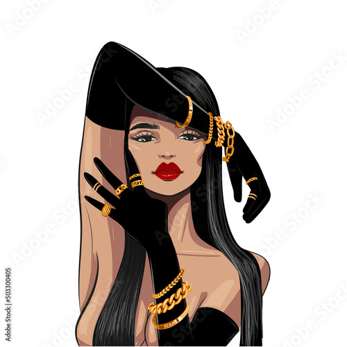 woman with jewelry on black gloves