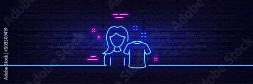 Neon light glow effect. Clean shirt line icon. Laundry tshirt sign. Clothing cleaner symbol. 3d line neon glow icon. Brick wall banner. Clean shirt outline. Vector