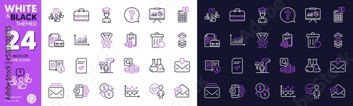 Incoming mail, Inspect and Verification person line icons for website, printing. Collection of Vacancy, Checked file, Calculator icons. Student, Shoulder strap, Teamwork question web elements. Vector