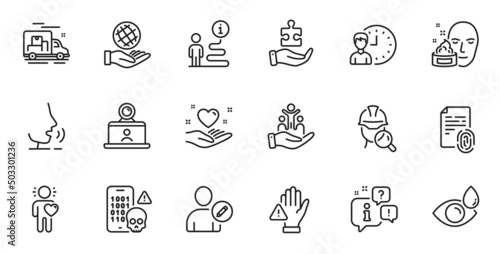 Outline set of Safe planet, Fingerprint and Edit user line icons for web application. Talk, information, delivery truck outline icon. Include Eye drops, Friend, Inclusion icons. Vector