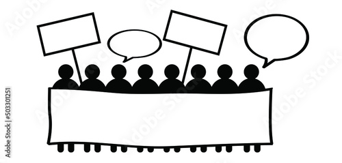 Cartoon stickman or stick figure man with speech bubble for protestation, manifestation. Group of people protesting. people demonstration with empty banner. Activists holding a banner or sign.