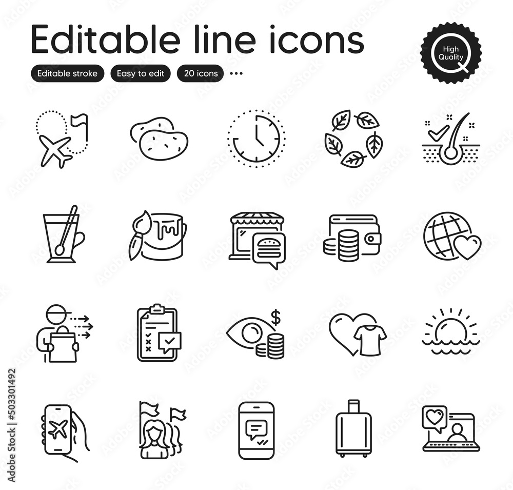 Set of Business outline icons. Contains icons as Organic tested, Food delivery and Destination flag elements. Brush, Potato, Time web signs. Flight mode, Feminism, Baggage reclaim elements. Vector