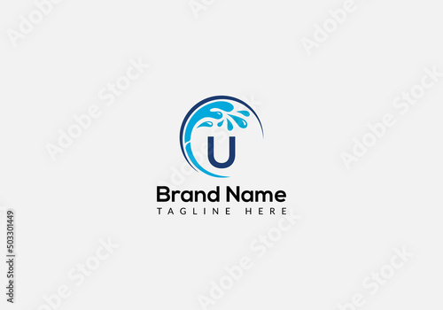 Maid Cleaning Logo On Letter U. Clean House Sign, Fresh Clean Logo Cleaning Brush and Water Drop Concept Template