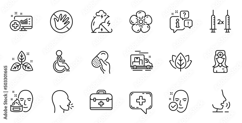 Outline set of Medical analytics, Fair trade and Organic tested line icons for web application. Talk, information, delivery truck outline icon. Vector Outline set of Medical analytics, Fair trade and Organic tested line icons for web application. Talk, information, delivery truck outline icon. Vector