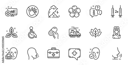 Outline set of Medical analytics, Fair trade and Organic tested line icons for web application. Talk, information, delivery truck outline icon. Vector