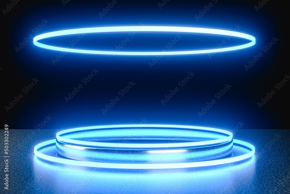 3D Illustration. Empty podium with neon glowing lights. Render for product display presentation 3D Illustration. Empty podium with neon glowing lights. Render for product display presentation