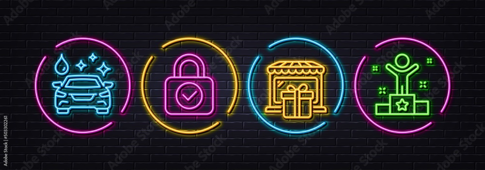 Security lock, Gift shop and Car wash minimal line icons. Neon laser 3d lights. Winner icons. For web, application, printing. Cyber protection, Souvenirs store, Cleaning service. Success award. Vector