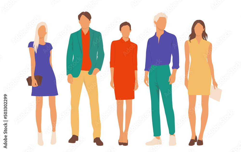 Fototapeta premium Set of young men and women, different colors, cartoon character, group of silhouettes of standing business people, students, the design concept of flat icon, isolated on white background