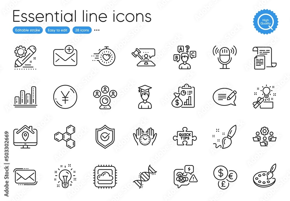 Chemical formula, Message and Work home line icons. Collection of Approved shield, Messenger mail, Cloud computing icons. Graph chart, Idea, Report web elements. Palette, Paint brush. Vector