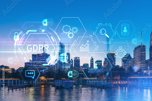 City view of Downtown skyscrapers of Chicago skyline panorama over Lake Michigan, harbor area at sunset, Illinois, USA. GDPR hologram, concept of data protection regulation and privacy for individuals