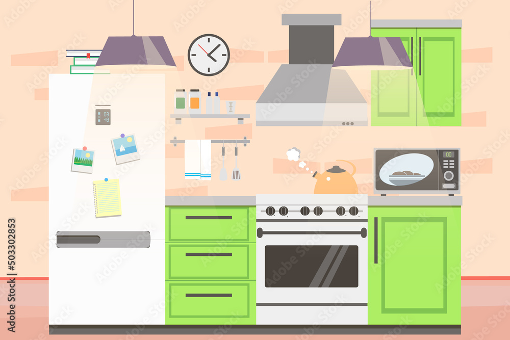 Fototapeta premium Kitchen with furniture and kitchen utensils. Vector illustration.
