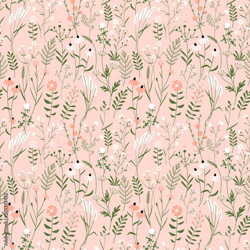 Seamless pattern with simple graphic wild flowers