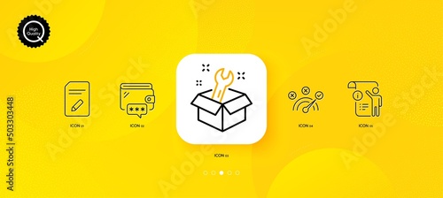Edit document, Wallet and Manual doc minimal line icons. Yellow abstract background. Spanner, Correct answer icons. For web, application, printing. Page with pencil, Online money, Project info. Vector
