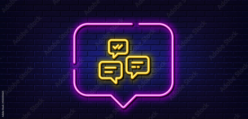 Neon light speech bubble. Chat Messages line icon. Conversation or SMS sign. Communication symbol. Neon light background. Chat Messages glow line. Brick wall banner. Vector Neon light speech bubble. Chat Messages line icon. Conversation or SMS sign. Communication symbol. Neon light background. Chat Messages glow line. Brick wall banner. Vector