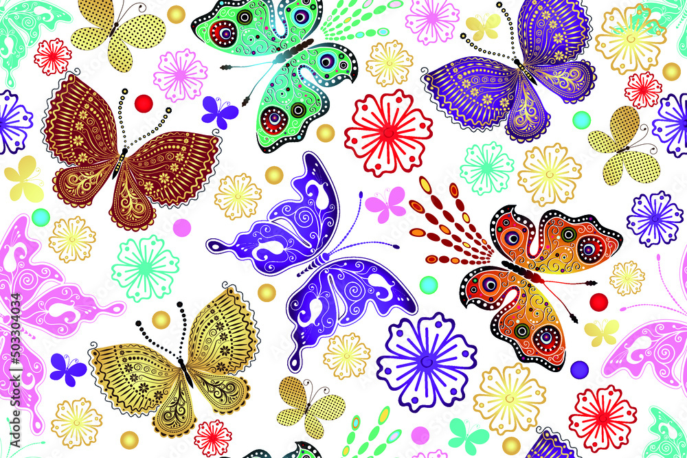 Bright spring seamless pattern with stylized butterflies and flowers on a transparent background. Vector eps 10