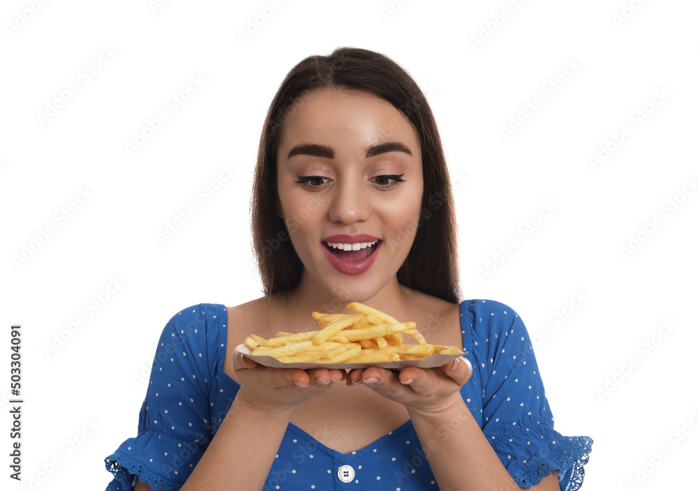 Beautiful young woman with French fries on white background Beautiful young woman with French fries on white background