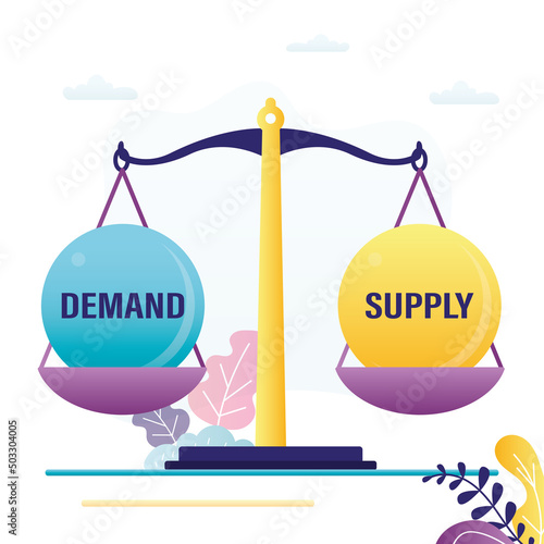 Balance of supply and demand on scales. Concept of equilibrium price, microeconomics photo
