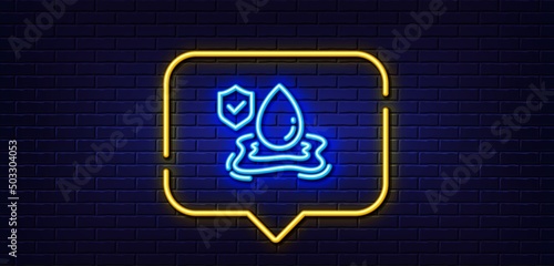 Neon light speech bubble. Flood insurance line icon. Flooding risk coverage sign. Water drop protection symbol. Neon light background. Flood insurance glow line. Brick wall banner. Vector