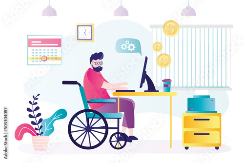 Businessman earning money online. Guy with disability successfully works in office. Caucasian trader in wheelchair sitting at workplace. Making money. Man working on computer.