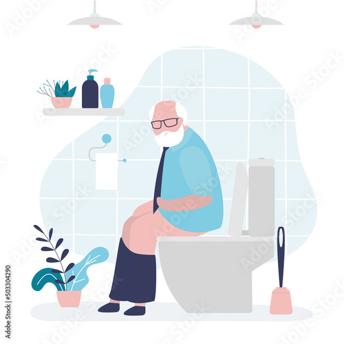Elderly pushing while sitting on toilet. Restroom interior design. Digestive and bowel problems