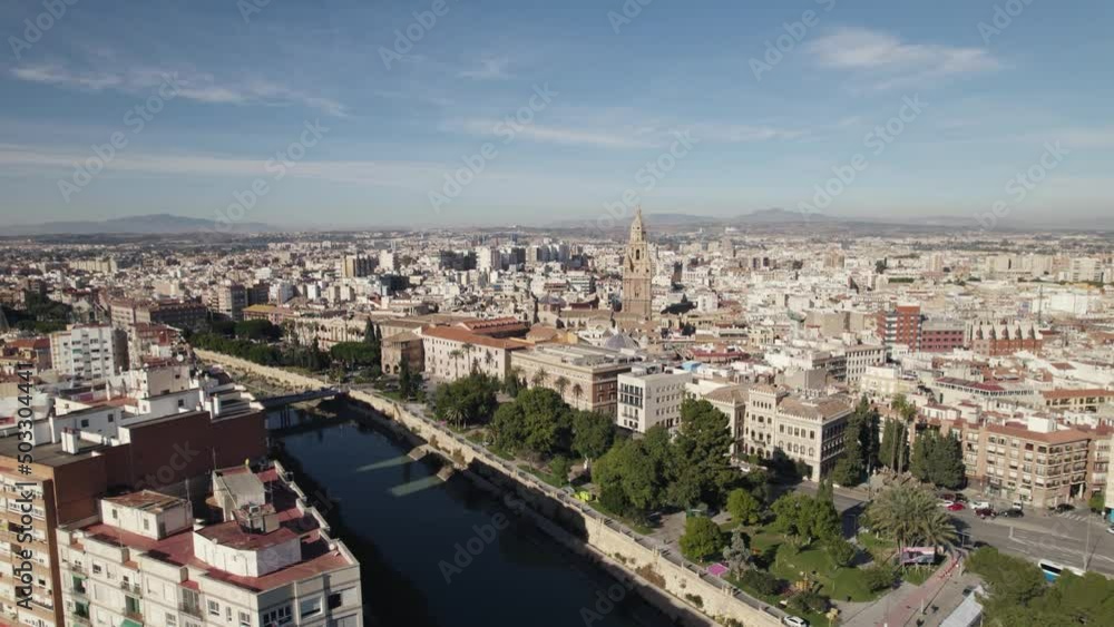 Murcia aerial cityscape. Tower of the Catedral de Murcia on sunny day Murcia aerial cityscape. Tower of the Catedral de Murcia on sunny day