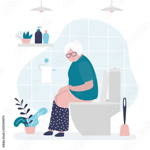 Grandmother sits with stomach pain on toilet. Female character with diarrhea or stomach upset. Restroom interior design. Elderly woman with constipation in toilet. Digestive and bowel problems.