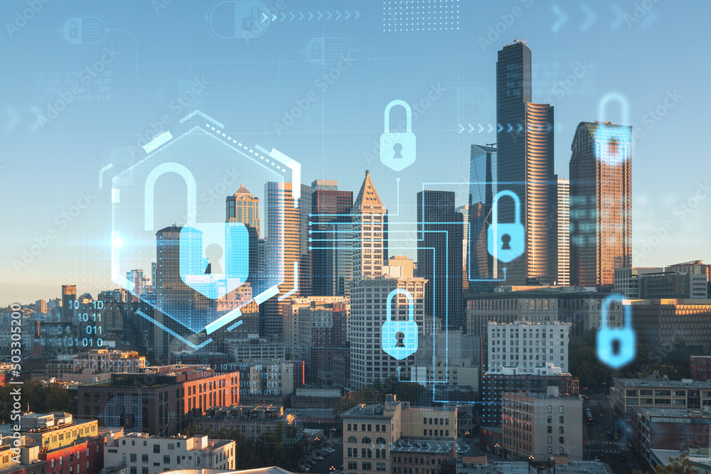 Seattle aerial skyline panorama of downtown skyscrapers at sunrise, Washington USA. The concept of cyber security to protect confidential information, padlock hologram