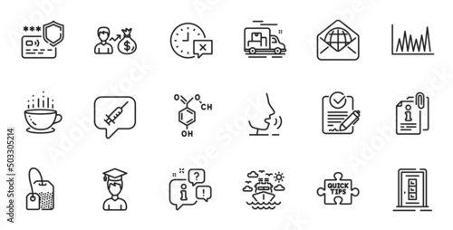 Outline set of Time, Sallary and Chemical formula line icons for web application. Talk, information, delivery truck outline icon. Vector