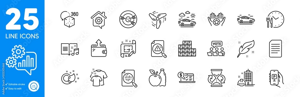 Outline icons set. Online accounting, Online voting and Wind energy icons. Apple, Car, Paint brush web elements. Cogwheel, Search document, Wholesale inventory signs. Work home. Vector