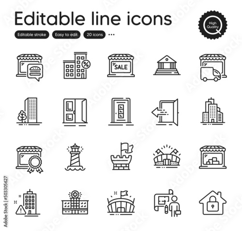 Set of Buildings outline icons. Contains icons as Door, Lighthouse and Arena elements. Skyscraper buildings, Open door, Food market web signs. Market, Buildings, Sports arena elements. Vector