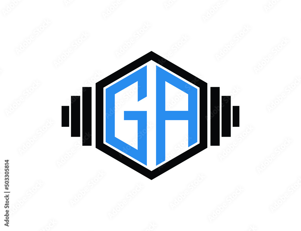 Initial GA logo with black and blue barbell Initial GA logo with black and blue barbell