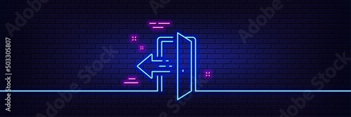 Neon light glow effect. Entrance line icon. Entry door sign. Building exit symbol. 3d line neon glow icon. Brick wall banner. Entrance outline. Vector
