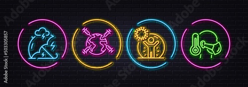 Stress protection, World vaccination and Coronavirus protection minimal line icons. Neon laser 3d lights. Sick man icons. For web, application, printing. Vector