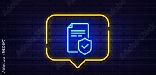 Neon light speech bubble. Insurance policy line icon. Risk coverage document sign. Policyholder symbol. Neon light background. Insurance policy glow line. Brick wall banner. Vector
