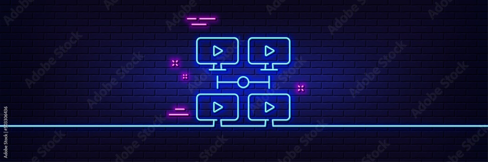 Neon light glow effect. Virtual conference line icon. Online training sign. Video team presentation symbol. 3d line neon glow icon. Brick wall banner. Video conference outline. Vector Neon light glow effect. Virtual conference line icon. Online training sign. Video team presentation symbol. 3d line neon glow icon. Brick wall banner. Video conference outline. Vector