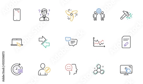 Edit document, Good mood and Synchronize line icons for website, printing. Collection of Portable computer, 24h delivery, Hammer blow icons. Edit user, Diagram chart, Text message web elements. Vector